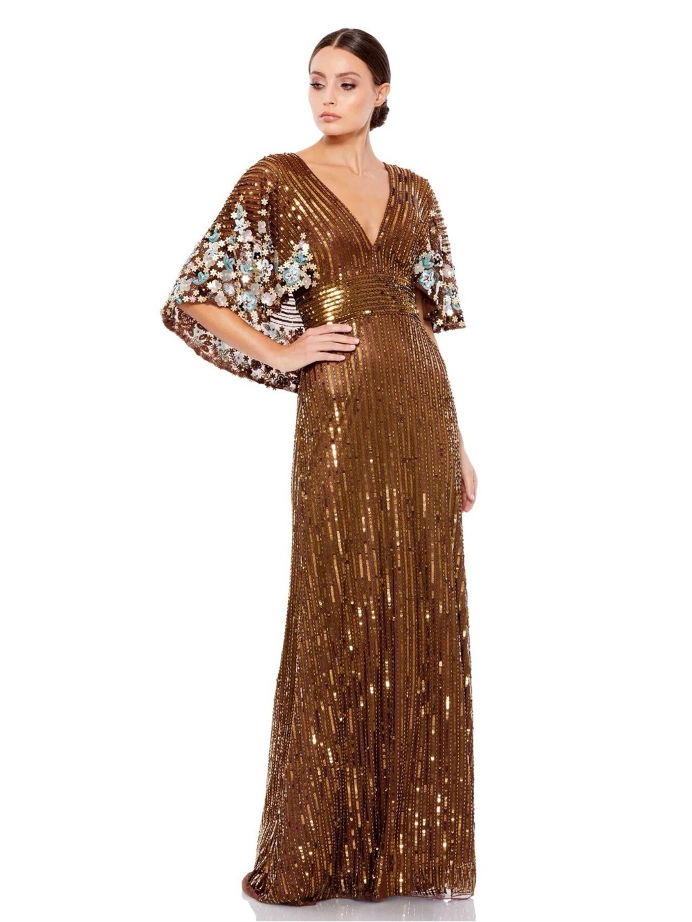 Mac Duggal 5221 Sequined V Neck Floral Embellished Cape Sleeve Gown Size 6 NWT